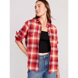 NEW OLD NAVY The Boyfriend Shirt Womens Size Large Baltic Amber Flannel Plaid